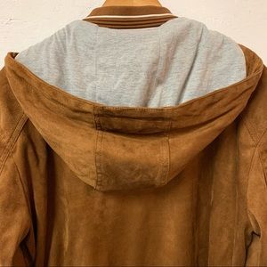 ZARA Hooded Suede Brown Zip Up Bomber With Grey Cotton interior lining